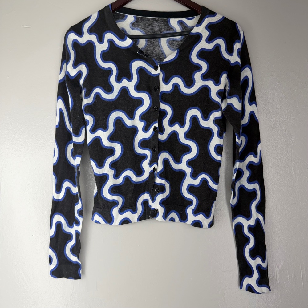 DVF Diane von Furstenberg Ibiza Cardigan Black Blue Abstract Wavy S9040475P11
